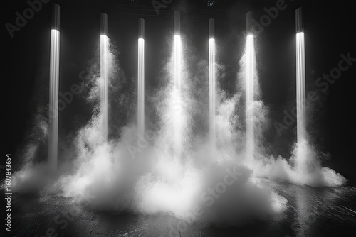 Monolithic Light Columns Erupting with Smoke in a Stark, High-Contrast Noir Setting.