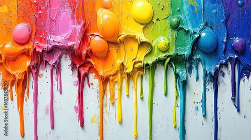 Vibrant Rainbow of Thick, Glossy Paint Dripping Down a Textured White Surface