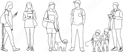 Silhouettes men, women, teenagers and children standing, walking, sitting, with dog, linear sketch, black color, vector, group rest people, students, design concept of flat icon, isolated on white