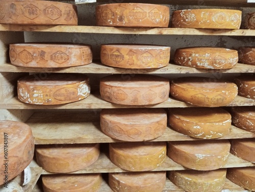 s view of an inside of a dairy with racks full of forms of cheese
