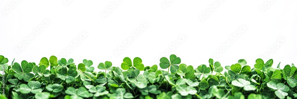 Fototapeta premium Fresh Green Clover Patch Forming a Natural Lower Border Isolated on a White Background.