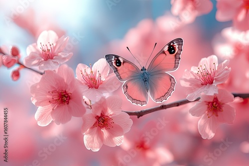 Ethereal Peacock Butterfly with Open Wings on a Sunlit Pink Blossom Branch