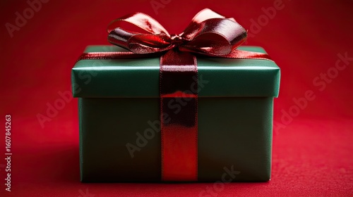 Elegant Green Gift Box with a Glistening Red Satin Bow on a Rich Red Background
