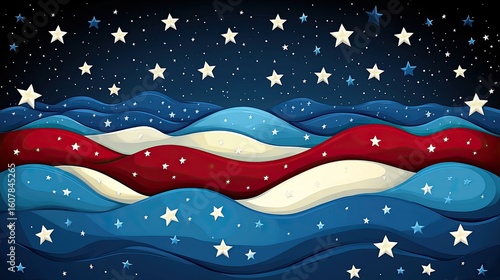 Patriotic Dreamscape of Flowing Red, White, and Blue Starry Waves