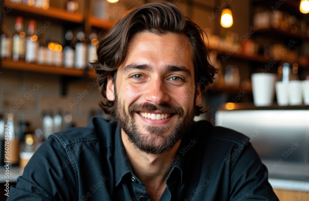 Obraz premium Smiling young man with dark hair and beard in a cozy cafe setting