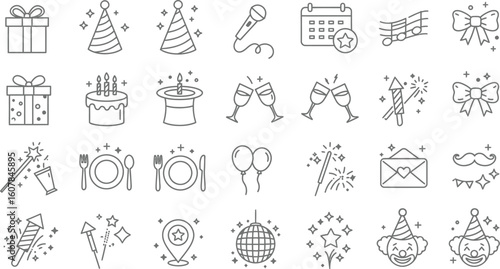 Set of editable festive party, entertainment event outline icons isolated 