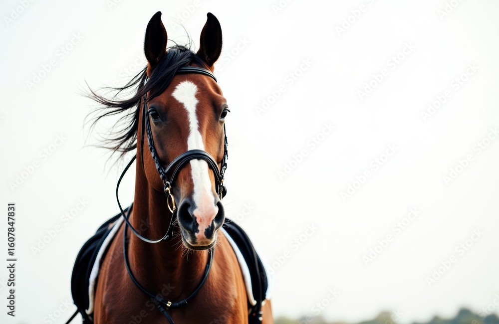 Obraz premium Close-up of a brown horse with a white blaze on its face wearing a bridle against a plain white background