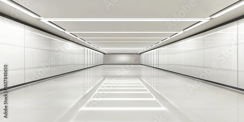 Futuristic White Corridor with Linear Lighting and Reflective Floor