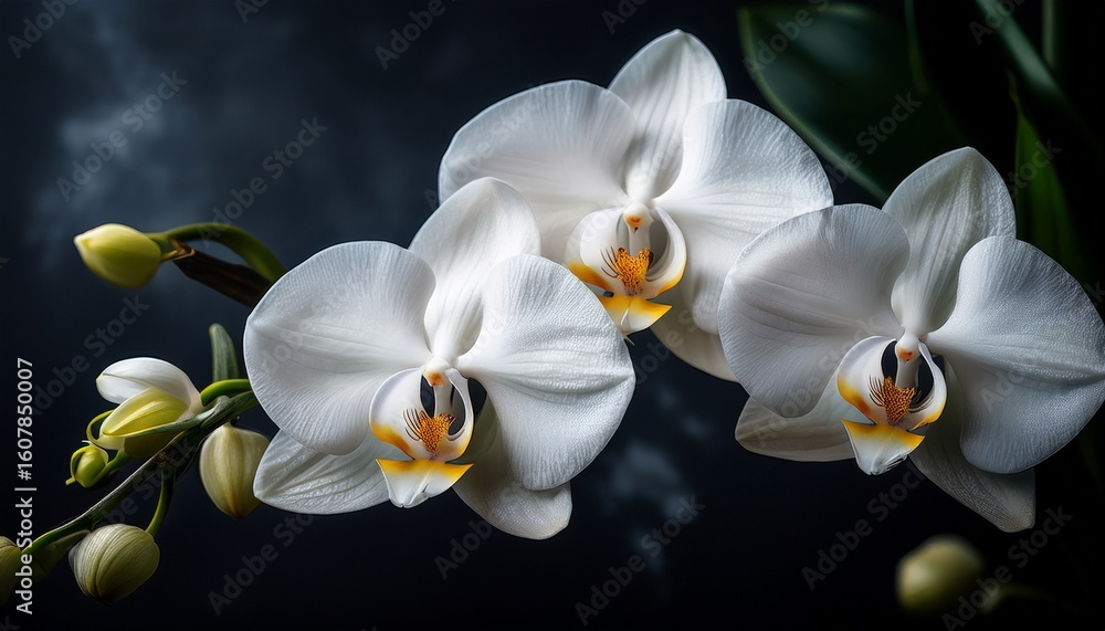 Fototapeta premium delicate white orchids dark moody background elegant floral nature photography