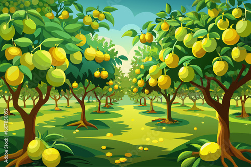 vector of A garden is seen with many large sour green lemon trees full of lemon fruit.