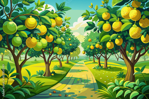 vector of A garden is seen with many large sour green lemon trees full of lemon fruit.