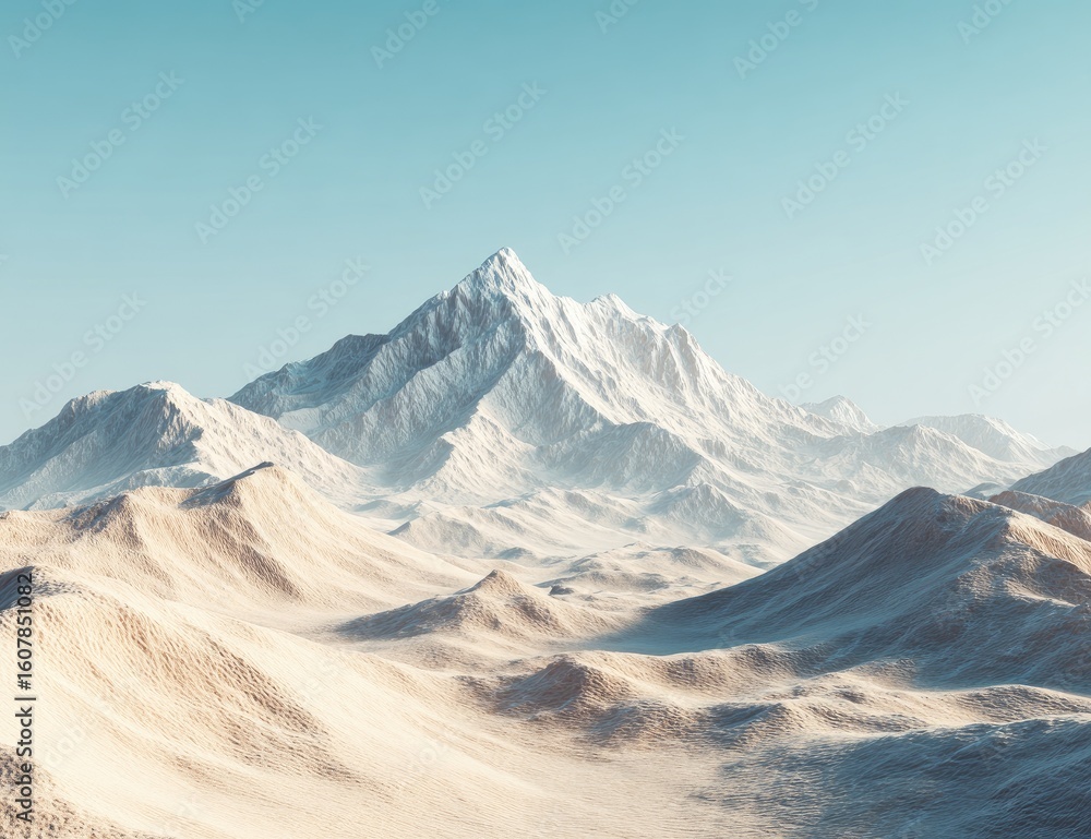 Fototapeta premium Snowy mountain peak above a sandy desert