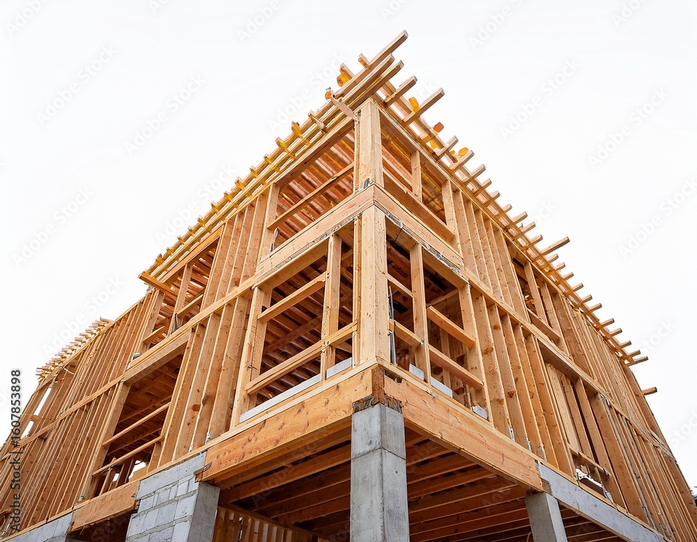 Obraz premium wooden framework of a two story home under construction with white background