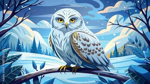 A snowy owl perches silently on a frosty branch, feathers puffed against the biting arctic wind