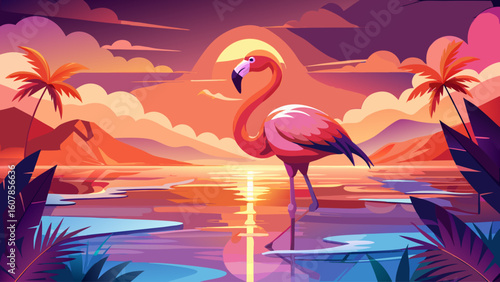 A flamingo stands still in shallow pink water at sunset, its reflection glowing beneath its curved neck