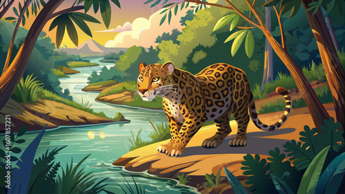 A jaguar crouches low along a jungle riverbank, ready to pounce, sunlight glinting off its spotted coat