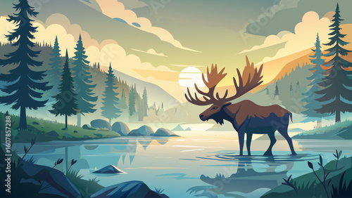 A moose crosses a shallow lake in the early morning mist, its massive antlers cutting through the fog