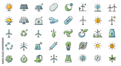 Green City Complete Editable Vector Icons Collection: Renewable Energy, Sustainability, Eco-Friendly Initiatives, Zero Waste, Water & Air Quality, and Urban Environmental Solutions