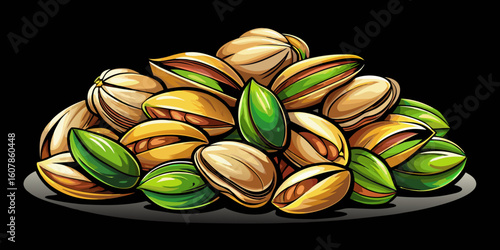 vector of A pile of pistachios with skin and some without skin on a black background in a close-up photo of a strong and...