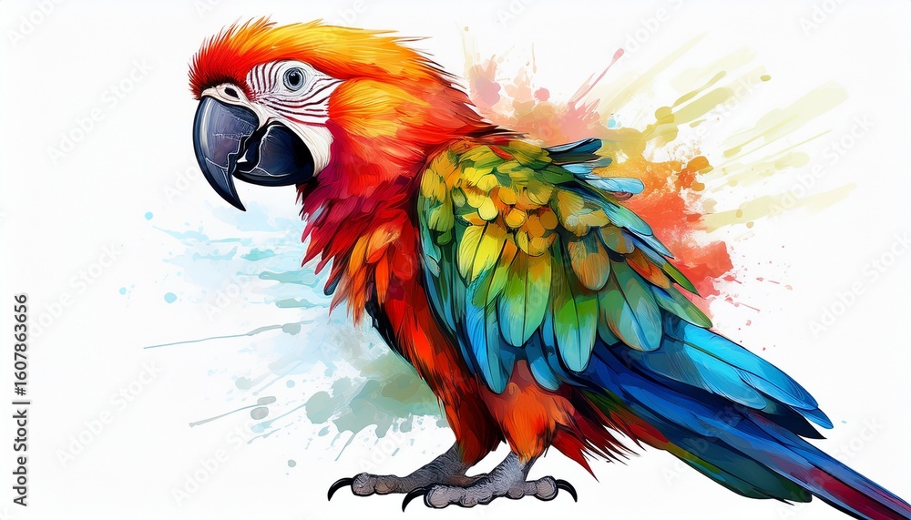 Fototapeta premium a vibrant colorful parrot stands gracefully on a white background