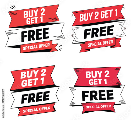 Buy 2 Get 1 Free Ribbon Labels Set - Red Special Offer Promotion Banners Vector Collection
