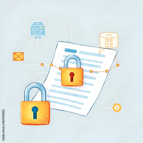 Data encryption process illustrated with key and lock graphics over document, cybersecurity simplified, watercolor style