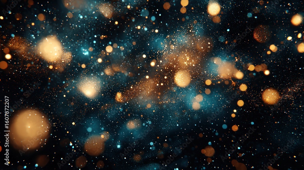 Obraz premium Glittering bokeh lights in teal & gold, dark backdrop