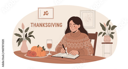 Woman Writes In A Journal On Thanksgiving Day Holiday Celebration