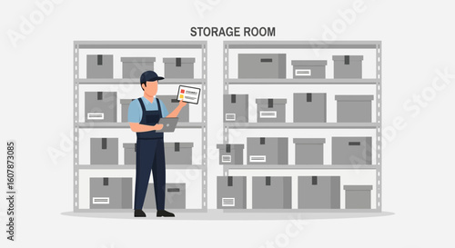 Worker Inspecting Inventory Using Tablet In Storage Room With Shelves