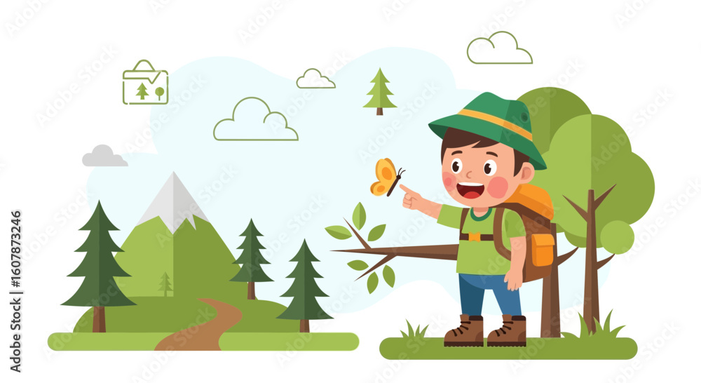 Fototapeta premium Young Adventurer Discovers a Butterfly in a Beautiful Cartoon Landscape