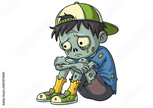 Sad Zombie Boy in Baseball Cap Sitting and Crying.