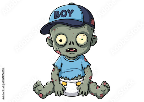 Cartoon Zombie Baby Wearing Blue Cap and Diaper Sitting Down.