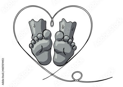 Cartoon Feet Inside Heart Shape Gray Tones Toes Heels Sole.