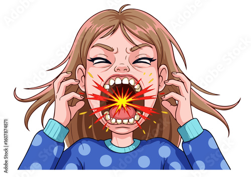 Cartoon Illustration of a Woman Screaming with Open Mouth and Anger.