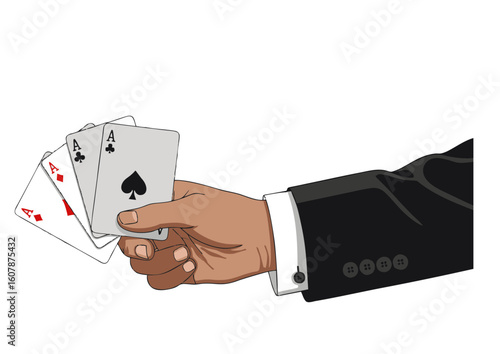 Hand Holding Aces Playing Cards Showing Winning Poker Hand.