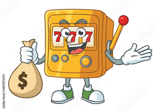 Cartoon Slot Machine Character with Lucky Sevens and Money Bag.