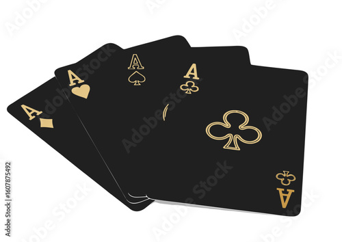 Three Black Aces Playing Cards with Gold Symbols and Lettering.