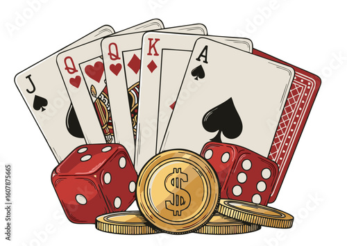 Casino Elements: Playing Cards Red Dice and Golden Coins Illustration.