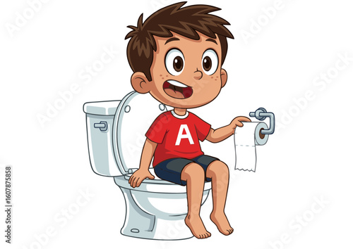 Cartoon Boy Sitting on Toilet Holding Toilet Paper Smiling.
