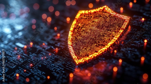 Glowing shield icon, circuit board background