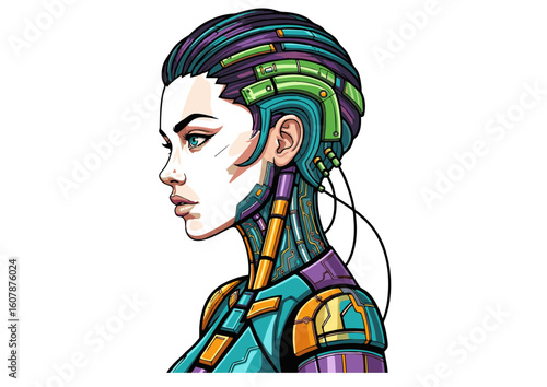Cyberpunk Woman Profile with Robotic Implants and Teal Eyes.