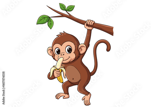 Cartoon Monkey Eating Banana While Hanging from a Branch Smiling.