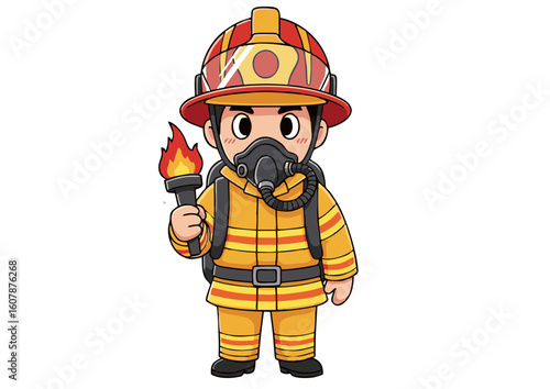 Cartoon Firefighter Holding a Torch with Full Protective Gear and Helmet.