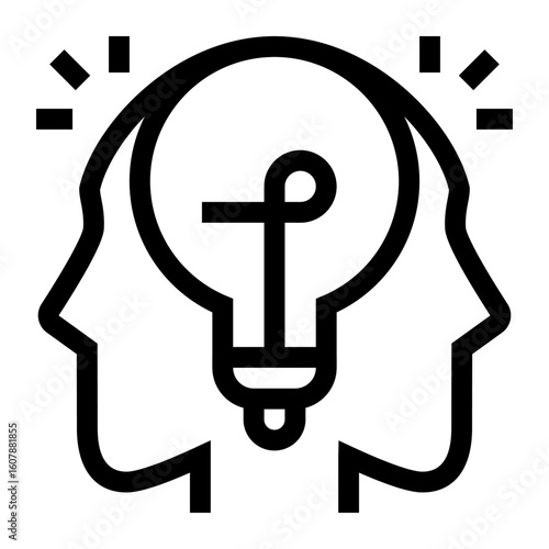 Icono de idea compartida. Dos cabezas humanas fusionadas a una bombilla. Colaboración intelectual e intercambio de ideas. Ilustración vectorial 