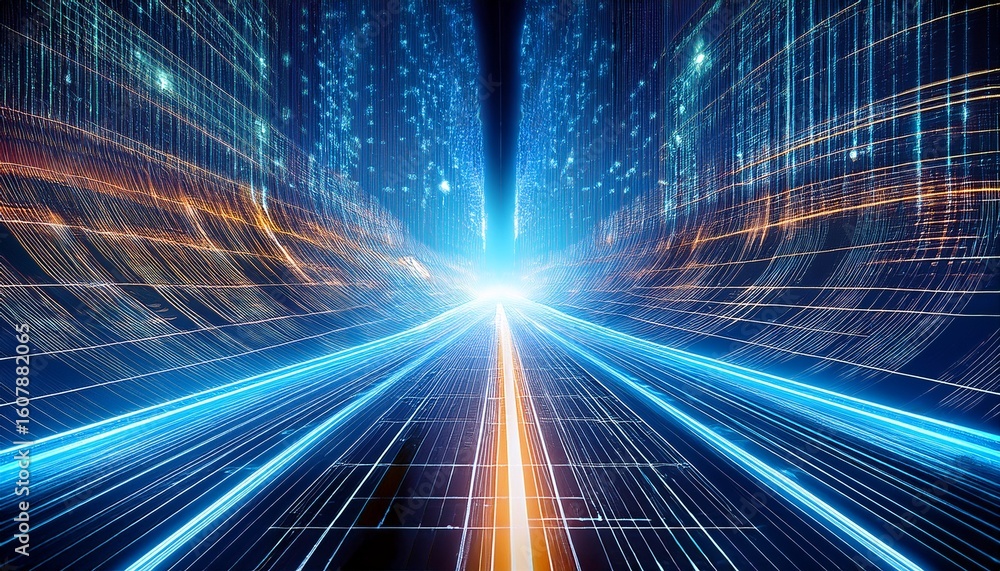 Obraz premium digital data highway dive into a mesmerizing digital realm with glowing lines and grids creating an immersive tunnel of data