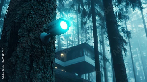 Security camera in a mysterious forest house in blue tones, technology and nature combine for safety