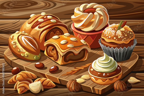 vector of Close-up of sweets on rustic wooden table, warm crispy pastry, decorated with almond nuts...