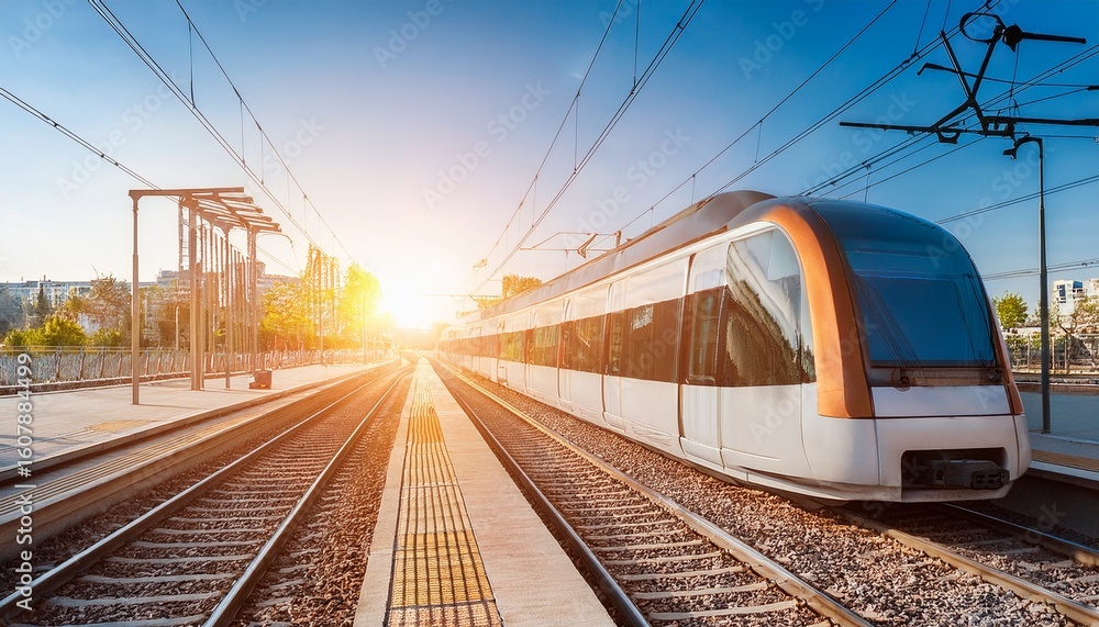 Naklejka premium city metro train in sunlight on the outdoor railway