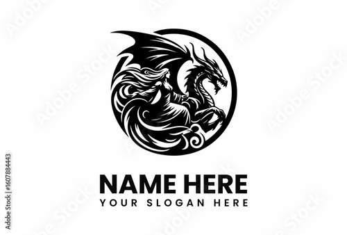 Stylized Dragon and Woman Silhouette in Circular Emblem Fantasy Art.