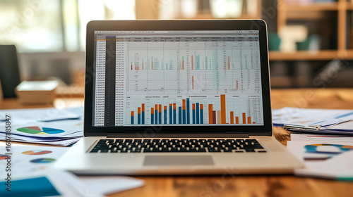  An open laptop displaying an investment spreadsheet surrounded by financial documents 